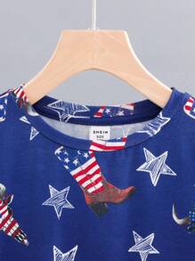 SHEIN Tween Boys' Loose-Fit Casual Pajamas Set With American Independence Day Theme Short-Sleeve Tee And Shorts - Navy Blue - View 4