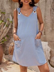 SHEIN Vestido casual recto sin mangas de maternidad con rayas y dos bolsillos, verano