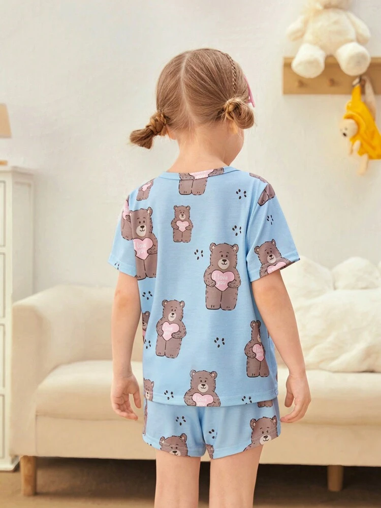 Young Girl Grey Bear Heart Printed Shorts And Short Sleeve Loose Casual 2pcs Homewear