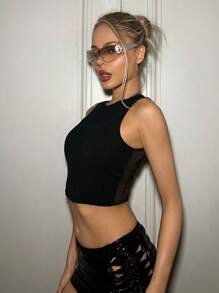 SHEIN ICON Frauen Sommer Netzspitze Slim Fit Crop Y2K Ausgeh- und sexy transparente schwarze Oberteil mit Rundhalsausschnitt - Schwarz - Übersicht 7