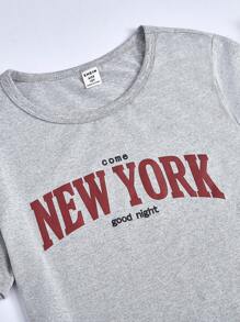 3 件套少女睡衣套装，简约字母印花短袖上衣和格纹印花长裤，睡衣 - 灰色 - 查看 6