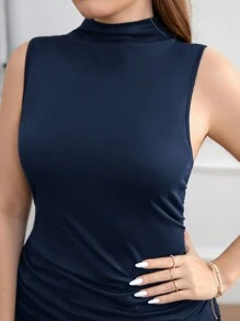 SHEIN Clasi Áo tank top dáng ôm, xếp ly, cổ đứng, cỡ lớn, thích hợp cho buổi hòa nhạc - Màu xanh hải quân - Xem 6