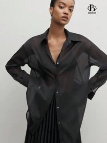 BizChic Damen Schwarzes durchsichtiges Hemd mit Kragen, mittellanges weites Hemd