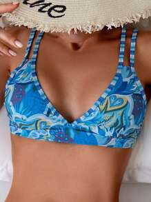 SHEIN Swim Summer Beach Allover Print Spaghetti Strap Bikini Top, Random Print - Blue - View 1