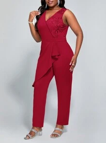 SHEIN Lady Macacão Vermelho Elegante e Delicado com Babado e Alças Largas para Mulheres Plus Size - Vermelho - Visão 6
