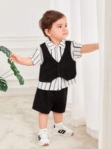 SHEIN Áo vest thường ngày cho bé trai/bé gái, áo sơ mi ngắn tay màu trơn/sọc & quần short lưng thun, lý tưởng cho các bữa tiệc sinh nhật, lễ rửa tội, lễ kỷ niệm sinh nhật đầu tiên, tiệc tùng, biểu diễn, đám cưới, v.v. - Nhiều màu - Xem 4