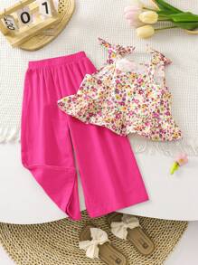 SHEIN LMoss Kids Conjunto de blusa regata floral estampada e calça casual solta para meninas LMoss