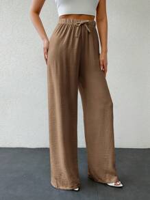 SHEIN Tall Tall Cottonline Knot Solid Color Casual Women's Pants - Mocha Brown - View 3