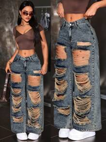 SHEIN ICON Women's Casual Wide Leg Loose Fit Jeans With Distressed Pockets