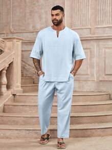 Manfinity RSRT Men's Plus Size Solid Color Loose Fit V-Neck Short Sleeve Shirt And Pants Summer Casual Outfit - Baby Blue - View 6