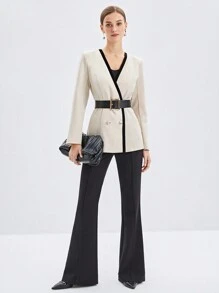 BizChic Women's Regular Fit Collarless Coat With Double-breasted Buttons And Contrast Trim - Apricot - View 7