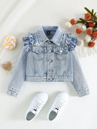 SHEIN Young Girl Single Breasted Denim Jacket With Lace Trim, Casual