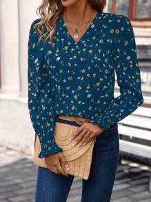 SHEIN Frenchy Women's Summer Vacation Leisure Allover Print Long Sleeve Shirt,Graphics Woman Shirts,Spring Floral Dresses,Long Sleeve Tops