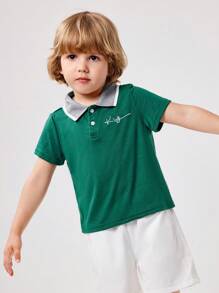 SHEIN 绿色拼布“Young Boy”刺绣 Polo 衫，春夏季短袖休闲装 - 綠色 - 查看 15