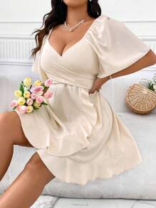 Celure Plus Size Women's Simple Solid Color Daily Wear Dress - Apricot - View 3