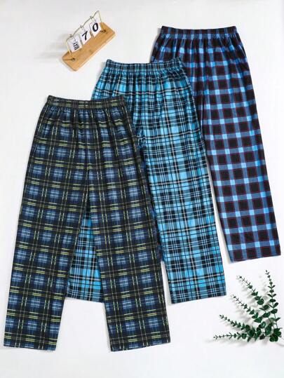 SHEIN Set Of 3 Teen Boy Spring/Autumn Classic Straight Plaid Pants For Students' Comfortable Leisure And Sleepwear