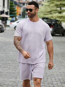 Manfinity Homme Ensemble de t-shirt décontracté pour homme de grande taille à unicolore avec manches courtes et short à cordon de serrage, été
