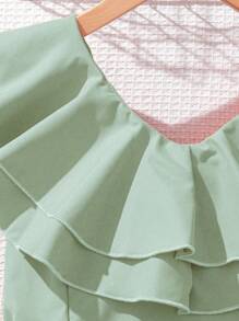 SHEIN Explorewe Tween Girl Solid Color Double-Layer Ruffle Collar Umbrella Dress, Vacation/Leisure - Green - View 6