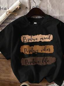 Attitoon Tricou casual lejer cu mânecă scurtă și guler rotund, grafică englezească, potrivit pentru pulover de vară