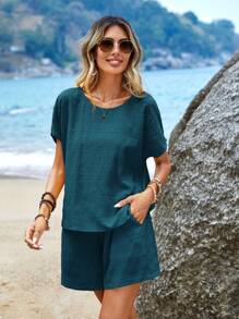 Sylviya Women's Fashion Solid Color Short Sleeve Top And Shorts Set - Teal Blue - View 5