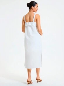 SHEIN MaterniWear 孕婦文雅通勤肩帶V領前鈕側開叉孕婦連衣裙 - 白色 - 查看 6