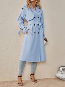 SHEIN Clasi Ladies' Double-Breasted Casual Long-Sleeved Trench Coat In Fall/Winter - Baby Blue - View 6