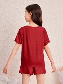 SHEIN Tween Girl Summer Casual Cute Animal & Letter Printed Short Sleeve T-Shirt And Shorts Knit Pajama Set (Flame Retardant) - Burgundy - View 2