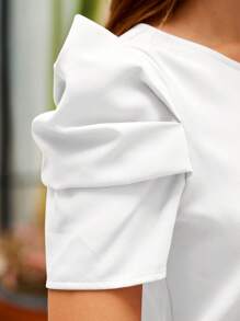 SHEIN Clasi 女士纯色简约日常百褶袖衬衫、短袖上衣 - 白色 - 查看 4