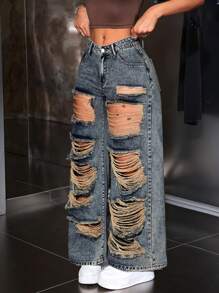SHEIN ICON Women's Casual Wide Leg Loose Fit Jeans With Distressed Pockets