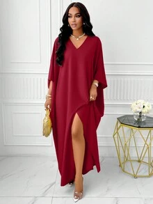 BIUBIU Plus Size V Neck Batwing Sleeve Split Thigh Dress - Red - View 5