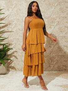 SHEIN SXY Vestido de estilo festivo para mujer con dobladillo de volantes de unicolor y tirantes de verano