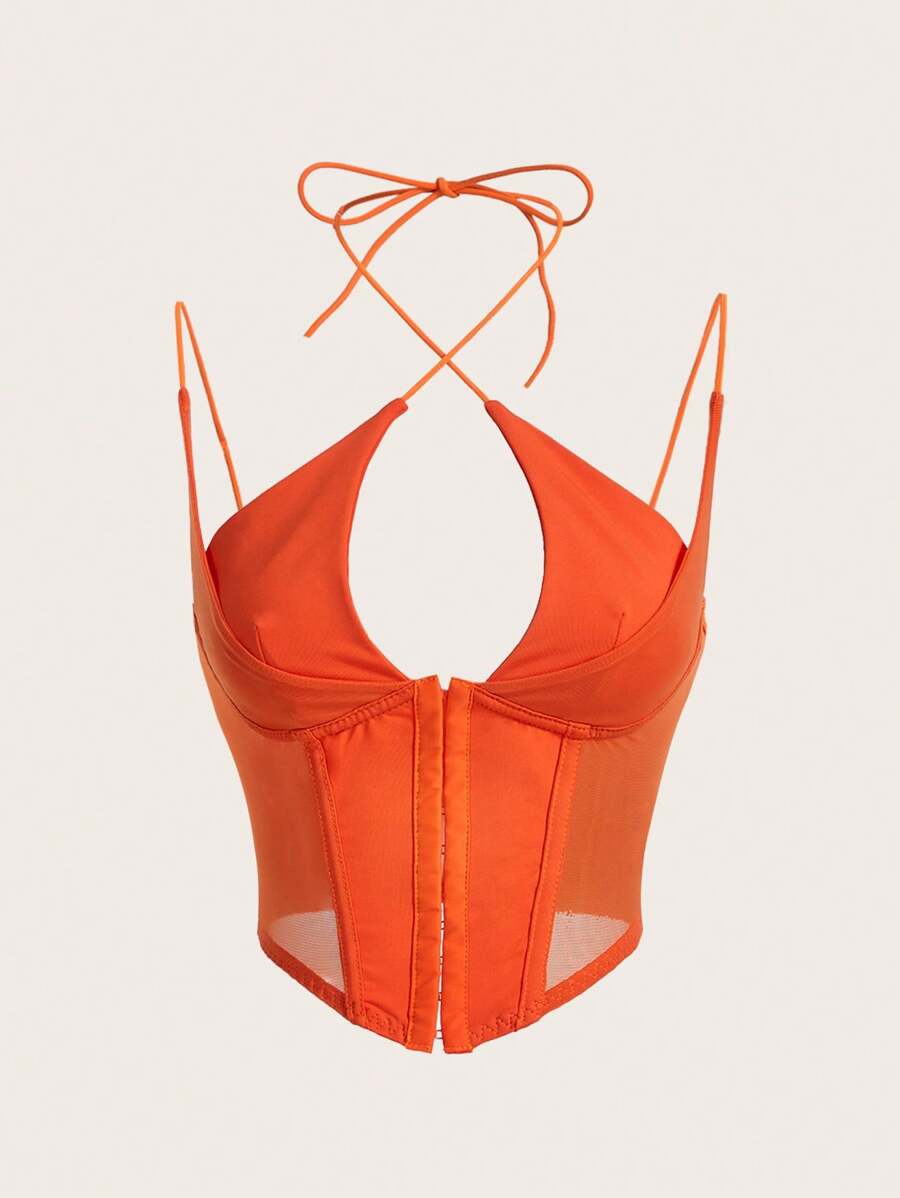 SHEIN ICON Áo corset buộc lưng màu cam Y2k, áo câu lạc bộ, áo hai dây, áo hai dây kim loại, trang trí nút kim loại, áo hai dây dành cho nữ - trái cam - Xem 1