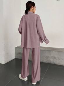 DAZY Women's Spring/Summer Casual Solid Color Long Sleeve Shirt And Pants Two Pieces Set,Fall Women Clothes