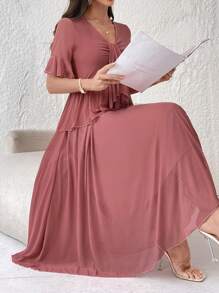 Modelyn 女士簡約純色透明網紗上衣裙子套裝，日常穿著 - 粉色 - 查看 8