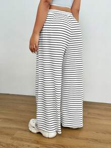 SHEIN EZwear Pantalon droit ample à taille haute d'été pour femmes grandes tailles, avec poches, en tissu tricoté, rayures noires sur fond blanc, polyvalent pour le port quotidien et les sports
