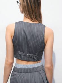 Maija Women's Summer Casual Striped Sleeveless Button-Front Cropped Shirt - Grey - View 7