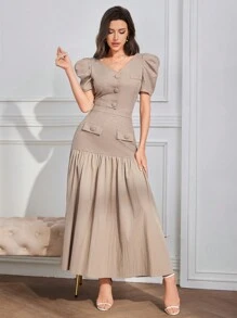 Seusyu Ensemble deux pièces femme, Top chemise à manches bouffantes d'été élégant et jupe longue blocs de couleurs - Kaki - Voir 3