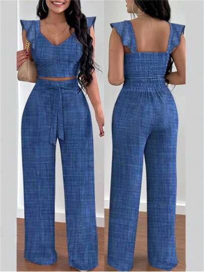 SHEIN Clasi Conjunto de dos piezas para mujer con camisa de mangas cortas y pantalones largos de unicolor para el verano