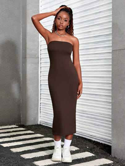 Sparklyn Vestido sin tirantes de verano para chica adolescente de unicolor sencillo con abertura trasera