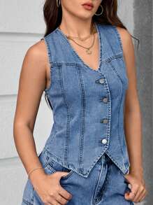 SHEIN Essnce Chaqueta de mezclilla sin mangas de mujer de un solo pecho
