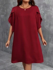 SHEIN LUNE Plus Size Women's Straight Loose Fit Shift Dress With Overlapping Sleeves And Round Neckline - Burgundy - View 6