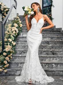 Vestido de Renda Decorado Simples e Sem Mangas de Cor Sólida para Mulheres, Material Não Elástico, para Casamento e Uso Diário, Noiva