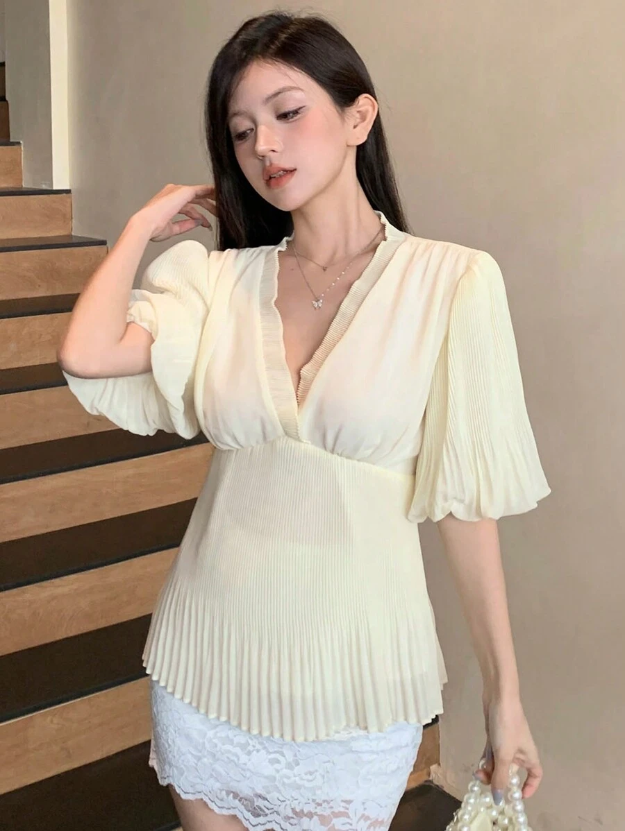 DAZY 女士雪纺短袖衬衫裙，适合派对、返校活动，荷叶边 - 米色 - 查看 1