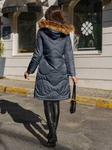 EURMUSE Women's Solid Color Regular-Shoulder Long Sleeve Mid-Length Zipper Hooded Padded Coat, Winter - Black - View 2