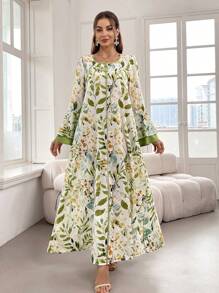 Al Najma 女式优雅长款阿拉伯印花朴素连衣裙，喇叭袖，植物图案 - 彩色 - 查看 8