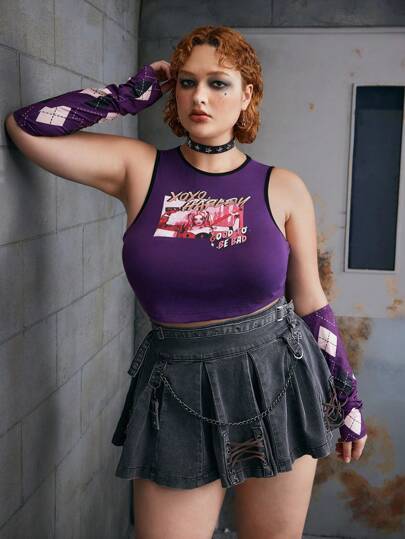 Harley Quinn X SHEIN Plus Size Knit Figure & Letter Graphic Crop Tank Top & With Arm Sleeve