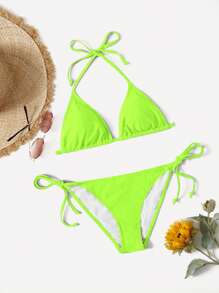 SHEIN Swim 女士霓虹綠雙肩帶性感比基尼套裝，夏季海灘霓虹泳衣 - 綠色 - 查看 3