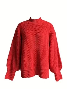 Áo len chui đầu cổ đứng dài tay dệt kim cỡ lớn cho nữ, mùa đông - Đỏ - Xem 3