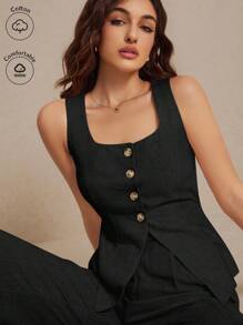 Poéselle 夏季亞麻西裝馬甲兩件套女士時尚純色扣子對比色無袖上裝和褲子套裝，穿起來舒適透氣，適合通勤日常假期穿著的柔軟服裝面料 - 黑色 - 查看 3