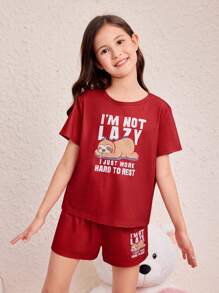 SHEIN Tween Girl Summer Casual Cute Animal & Letter Printed Short Sleeve T-Shirt And Shorts Knit Pajama Set (Flame Retardant) - Burgundy - View 5
